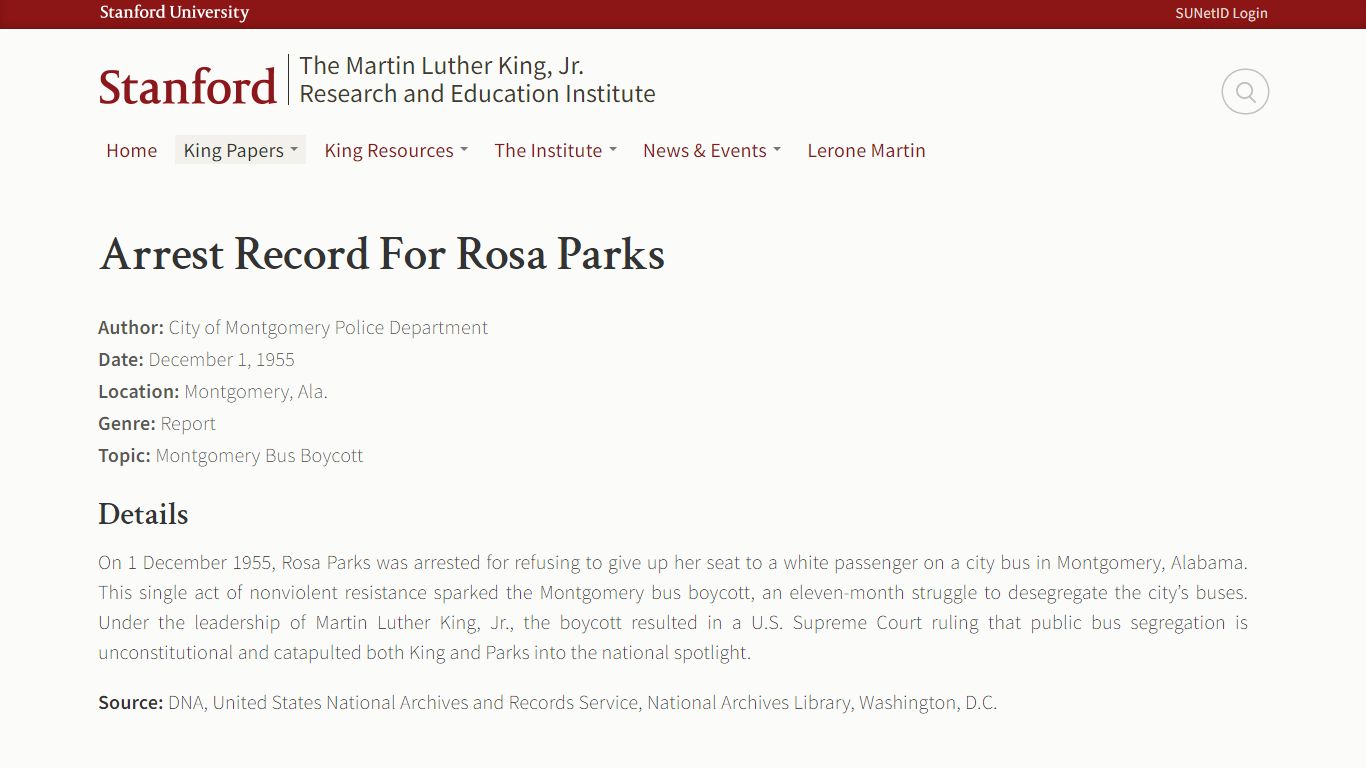 Arrest Record For Rosa Parks | The Martin Luther King, Jr., Research ...
