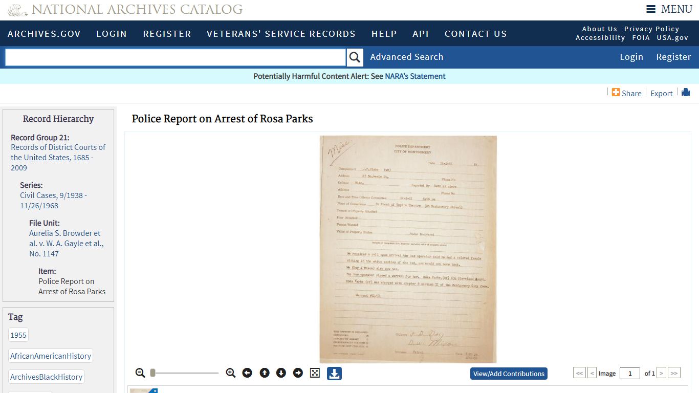 Police Report on Arrest of Rosa Parks - Archives